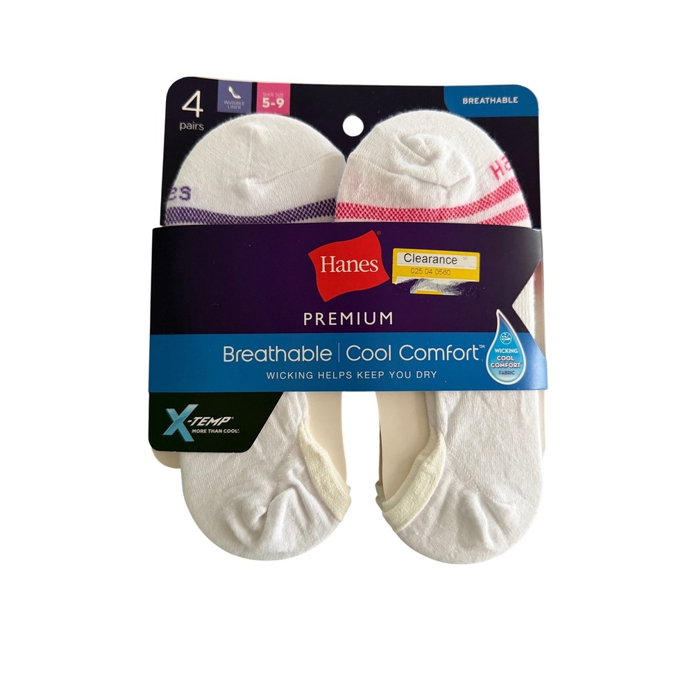 Hanes Premium Womens 4 Pair Invisible Liner Socks White Breathable X-Temp Sz 5-9